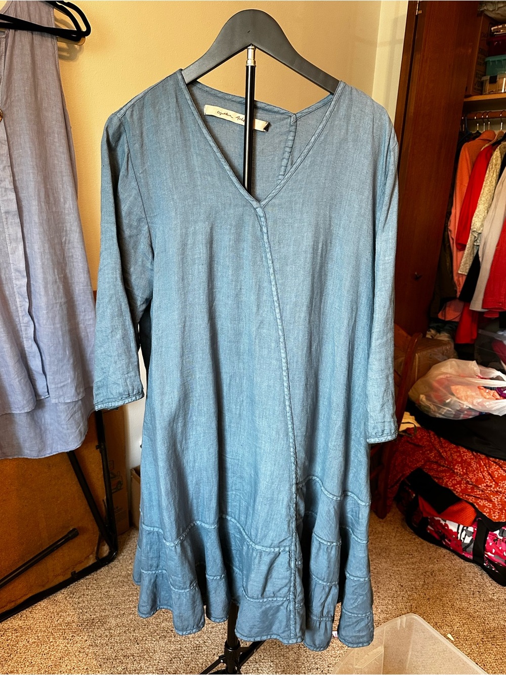 Cynthia Ashby Blue 100% Linen Lagenlook Asymmetrical Tiered Dress - Size L